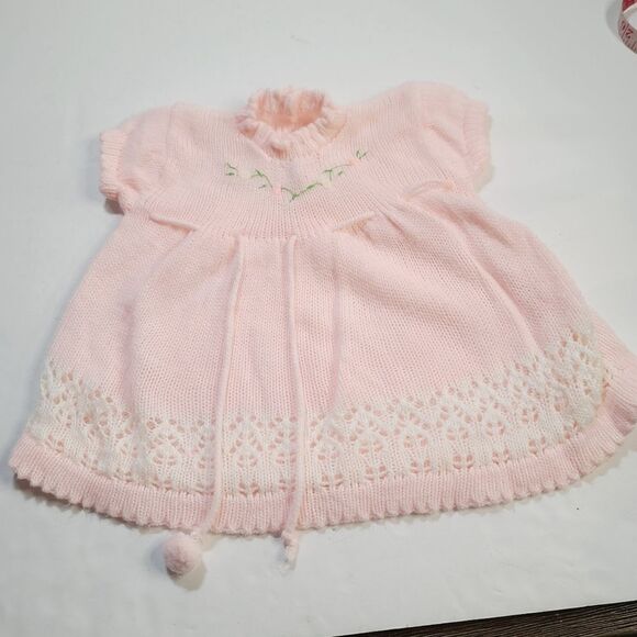 Vintage Pastel Pink Knit Sweater Baby Girl Dress Floral Embroidery - Picture 1 of 9